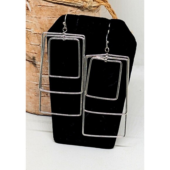 JUST IN! Vintage 90s Silvertone Triple Rectangles Chandelier Earrings - Picture 1 of 2